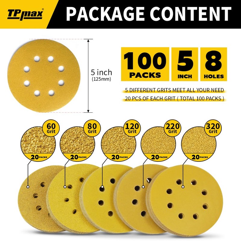 100PCS 125mm 8 Hole Sanding Discs Sandpaper Mixed Grits -
