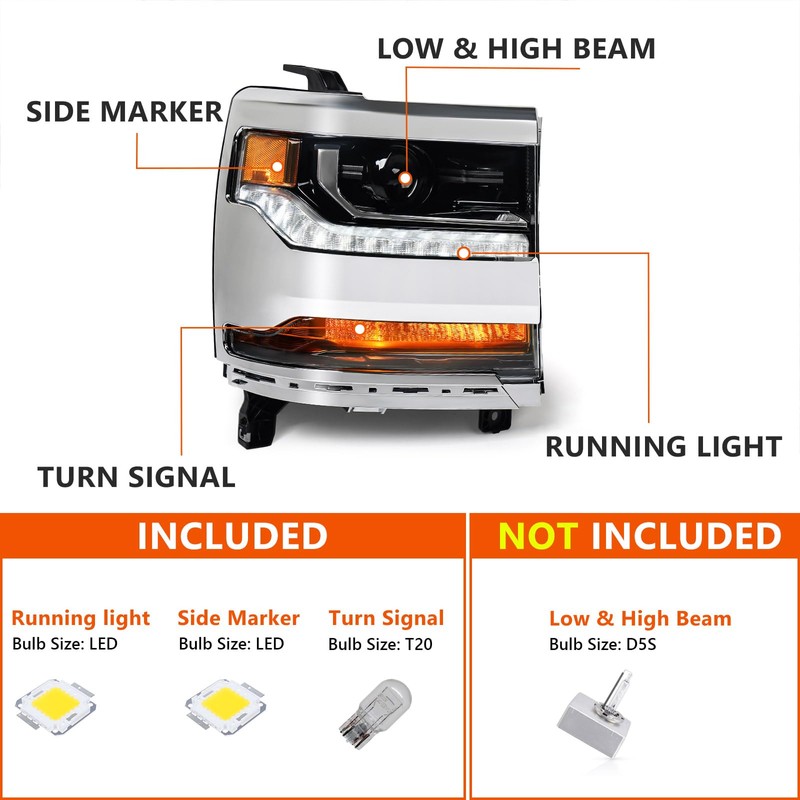 FIONE HID/Xenon Headlight Assembly Compatible with Chevy Silverado 1500 2016-2018/2019