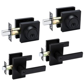 goldenwarm 2 Pack Black Door Handle with Deadbolt, Square Contemporary Matte Black Exterior Door Lock Set with Deadbolt, Heavy Duty Zinc-alloyed Front Entry Door Locksets with Deadbolt