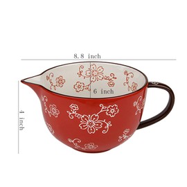 Gaolinci Cherry Blossom Pattern Kitchen Ceramic Mixing Bowl, 1 Quart Large Bowl, with Pouring Spout and Handle