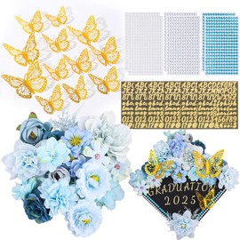 Graduation Cap Decorations Kit Include Assorted Flowers 3D Butterfly Stickers Glitter Rhinestones Alphabet Letter Number Stickers for DIY Grad Cap 2025 Graduation Party Supplies (Blue Flower)