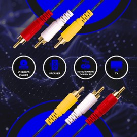 SatelliteSale 3 Male to 3 Male RCA Audio Video AV Composite Cable Universal Wire PVC Black Cord 6 feet