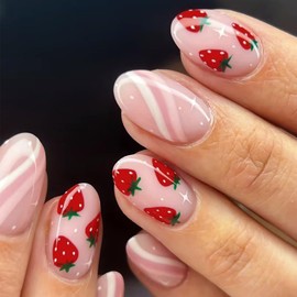 Cute Pink Press on Nails Short Oval Acrylic Fake Nails Sweet Strawberry False Nails with Stripes Design Glossy Artificial Glue on Nail Full Cover Stick on Nails for Women and Girls 24 Pcs