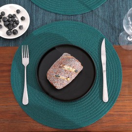 SHACOS Round Placemats Set of 4 Woven Braided Table Placemats 15 inch Circle Place Mats Washable Non Slip Table Mats for Home Wedding Party, Teal Green