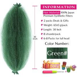 Hbegant Extensiones De Cabello Afro Twist De 76 Cm (2 Paquetes), Elásticas, Preesponjadas, Preestiradas Y Enrolladas Para Rastas Suaves (76 Cm (Paquete De 2), Verde)