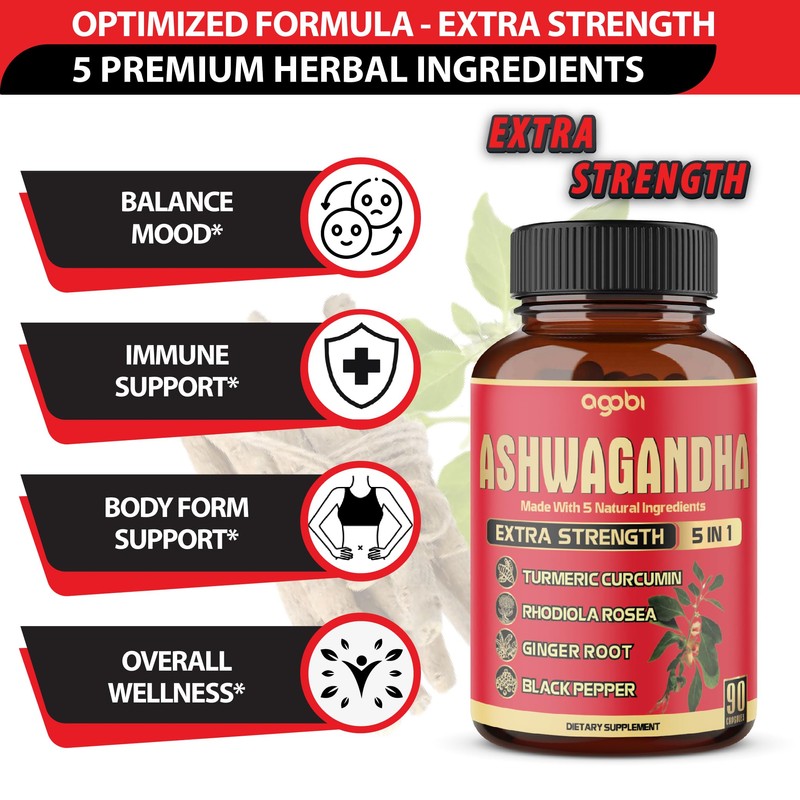 90 Capsules - Ashwagandha Supplement Capsules - Ginger Root, Turmeric,