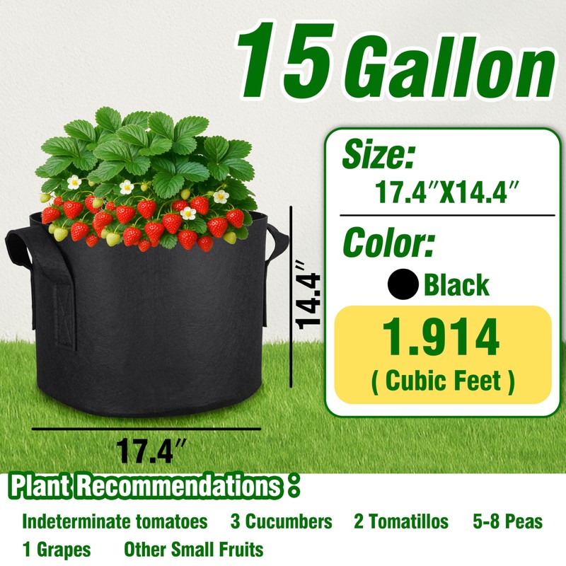 PHYEX 12-Pack 15 Gallon Grow Bags, Heavy Duty Fabric Pots