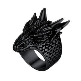 Men Black Metal Plated Spiritual Totem Jewelry Punk Dragon Head Rings, Size 8