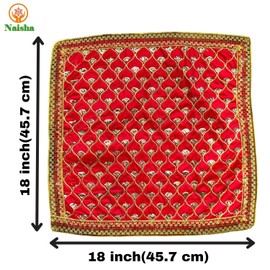 NAISHA Red Pooja Aasan Mat (Set of 2), 18" X 18" Velvet Puja/Altar Cloth Mandir, Multipurpose Pooja Decorations Keeping Accessories of Temple, Chowki, Slab Article