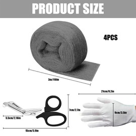 AHEJIOO 4 Rolls of Mice 000 Steel Wool, 12 m Effective Steel Wool Against Mice with Work Gloves, Scissors, for Holes and Wall Cracks of Home, Garage, Garden and for Cleaning and Polishing