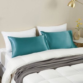 Soft Plush Teal Green Satin Silk Pillowcase for Hair & Skin 2 Pack Queen Size | Reduce Facial Wrinkle & Creases, Prevent Hair Damage | All Seasons Envelope Closure, Beauty Comfortable Cool Sleep