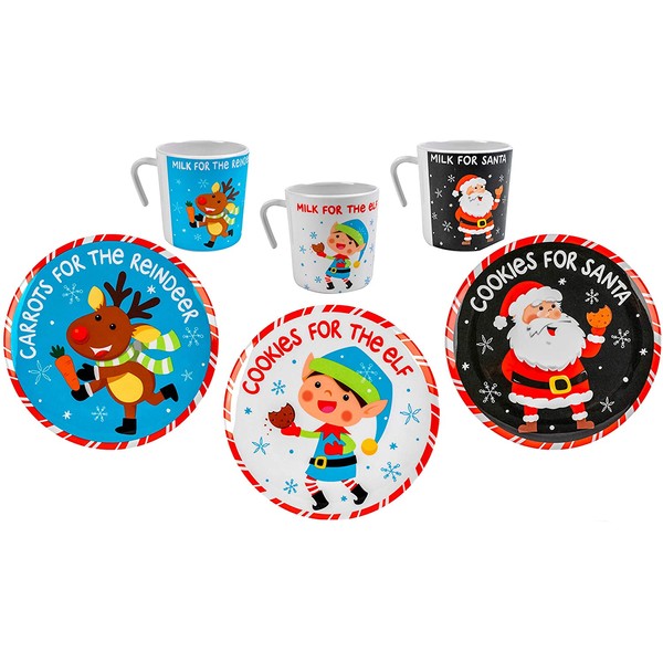 "Cookies For Santa" Plate and Mug Set: Elf, Reindeer and Santa Designs Melamine Wares (6, Santa-Elf-Reindeer)