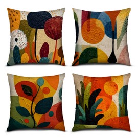 PICKFORU Colorful Abstract Art Throw Pillow Covers Set of 4, 18x18 Inch Retro Oil Painting Geometric Throw Pillow Case Bohemian Leaves Cushion Case for Living Room Home Bedroom