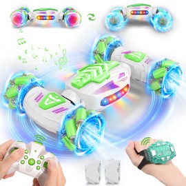 4WD 2.4Ghz Remote Control RC Cars Gesture Sensing Hand Controlled RC Stunt Car 360° Rotating Transform  with Light & Musiccolor: Green