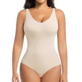 ONEW Shapewear Women's Body Shaper Tummy Control Shaping Bodysuits V-Neck Cami Bodysuit Top Waist Trainer Bodice Body, beige, XL