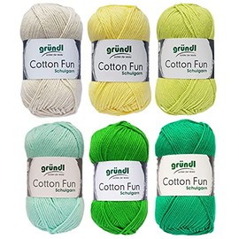 6 x 50 g Gründl Cotton Fun Crochet Yarn Knitting Yarn Including Instructions for a Guinea Pig (Green Yellow Mix)