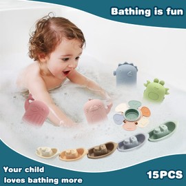 Baby Badespielzeug, 15 Stück Wasserspielzeug Kinder Silikon Badewannen Spielzeug, Baby Badewannenspielzeug Spritztiere Boot, Schwimmbad Badewanne Wasserspielzeug Geschenke für Babys Kleinkinder