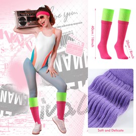 MbsaAO 2 Pairs of Neon Slouch Socks for Women: 80s/90s Scrunch Socks & Soft Extra Long Leg Warmers - Perfect 80s Outfits for Women, Neon Parties & 70s Vintage Cosplay
