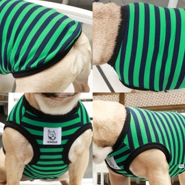 iChoue 3pcs French Bulldog Striped Shirts 100% Breathable Cotton Tank Tops Vests Clothes for Frenchie Dogs, Black Green Red Stripes, Large