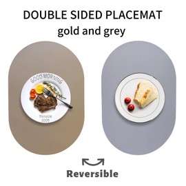 Oval Faux Leather Placemats Set of 6,Reversible PU Placemat for Dining Table,Waterproof Heat Resistant Wipeable Anti Slip Table Mats,Modern Table Protectors(Grey and Gold)
