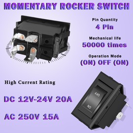 MKBKLLJY (ON) Off (ON) Switch DC 12V-24V 20A / AC 250V 15A 4 Pins Momentary DPST RV Power Jack Rocker Switch Replacement Parts with Terminal Sheath Wiring Cap, for Car Auto Boat Trailers Camper
