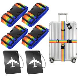PUWOWYE Pack of 4 Suitcase Strap, Suitcase Strap Eye-catching, Adjustable Luggage Strap, Colourful with 2 Luggage Tags