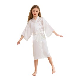CuteOn Children's Kids Satin Silk Kimono Robe Bathrobe Dressing Gown Sleepwear for Spa Wedding Birthday Party Dress, White
