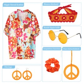 KitChocoLot Women's Hippie Costume, Hawaii Outfit, Flower Power Clothing, Vintage Shirt with Accessories, 70s Outfit for Carnival
