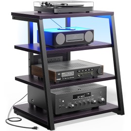 Besiost Soporte multimedia AV con tomacorrientes, consola multimedia con luces LED, estantes estéreo y soportes con estantes de almacenam...