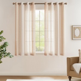 jinchan Boho Curtains Embroidered Linen Blend Window Curtains for Bedroom Geometry Grommet Bohemian Window Drapes Set for Living Room 63 Inches Long 2 Panels Gold on Beige