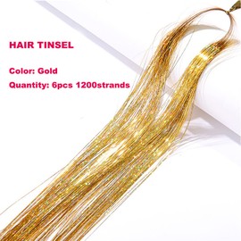 Gold Hair Tinsel Kit with Tool 6pcs 1200 Strands Hair Tinsel Heat Resistant Fairy Hair Sparkling Shiny Glitter Tinsel Hair Extensions for Women Girls 47Inch