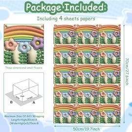 Daisy Wrapping Paper For Kids Girls Boys, Daisy Floral With Green Leaves and Rainbow On Pink Wrapping Paper, 4 Sheets Folded Flat 50x70cm 3D Flower Gift Wrap for Birthday, Baby Shower, Wedding
