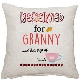 Wevow Mothers Day themed Reserved for Granny and her cup of Tea Linen Cushion Cover 45 cm x 45 cm Throw Pillow Cover.