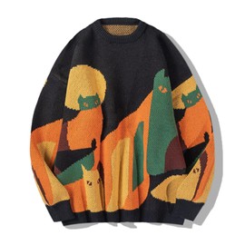 Aelfric Eden Graphic Sweaters Color Blocking Cat Sweater Vintage Oversized Crewneck Knit Pullover Christmas Tops Black