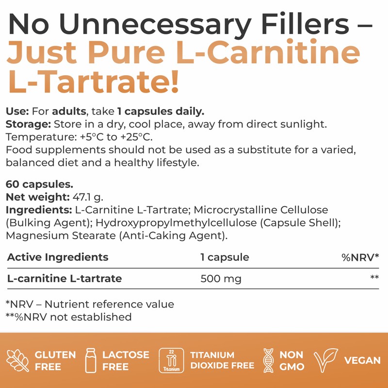 MINDLY L-Carnitine L-Tartrate 500mg - 60 High Purity Vegan Capsules
