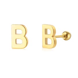 18G Tiny Initial Stud Earrings for Women Girls 925 Sterling Silver 14K Gold Plated Hypoallergenic Cute Small Alphabet Letter Cartilage Tragus 3mm Ball Screw Back Piercing Sensitive Ear (B Gold)