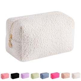 JOVAKIT Travel Makeup Bag Cosmetic Bag for Women, Fashion Christmas Gifts, Plush Zipper Make Up Pouch, Large Capacity Toiletry Organizer Makeup, Portable Storage Bag Trendy Stuff (White)