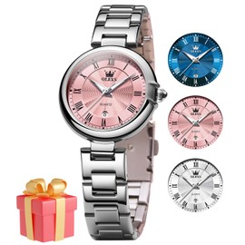 OLEVS Wrist Watches for Women Elegant Date Roman Numeral Scale Womens Quartz Watches Stainless Steel Watches with Pink Dial Waterproof Luminous