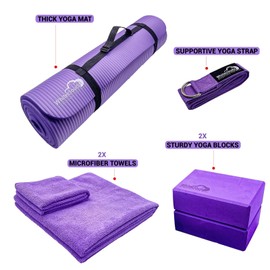 Yoga Kit - 7-Piece Set, Thick Mat, Blocks, Strap, Towels, Carrying Bag - Enhance Home Practice
