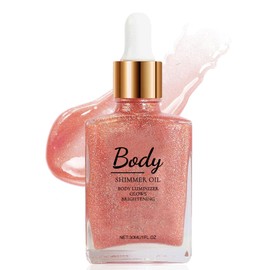 Body Shimmer Glitter Oil, Highlighter Glitter Oil for Face, Long Lasting Shine Illuminating Cheek Lip Makeup, Body Glow Shimmer Lotion, 30ml (Rose Golden)