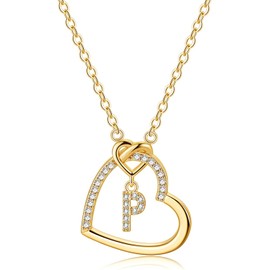 LIHELEI Women Heart Initial Necklaces, 925 Silver Heart Initial Necklaces for Teen Girls Women, Dainty Letter Necklace for Women Kids Girls Women's Jewellery Gifts - P(Gold)