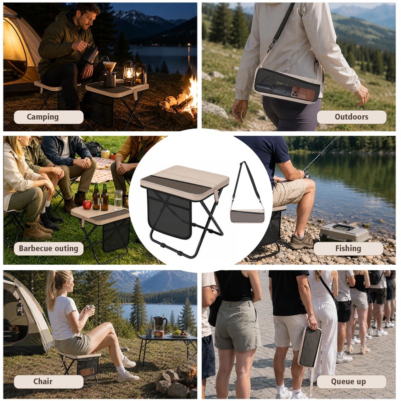 Soly Portable Folding Stool,14.2"Collapsible Camp Stool with Storage Pocket