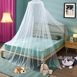 Bed Canopy, Princess Bed Curtain Net for Single to King Size, Canopy Bed Curtains Round Lace Dome Cover for Girls Boys Adults, Bedroom Decoration Bed Canopy with Strong Sticky Hook Easy Install, White