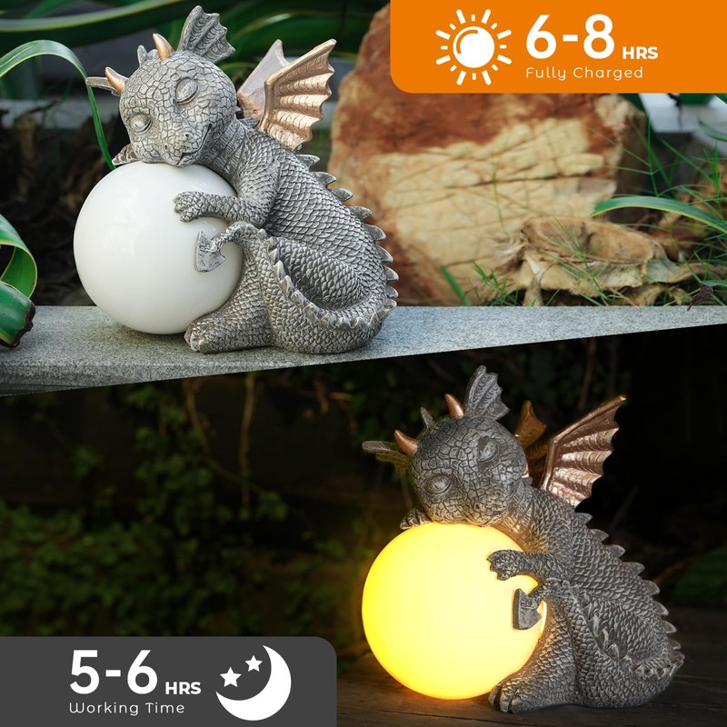 Euiroet 8.6" Solar Dragon Garden Statue,LED Figurine Light,Resin Outdoor Sculpture,Solar