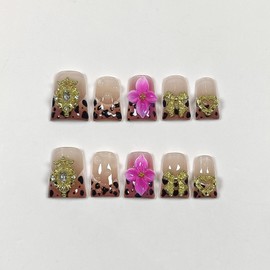 TENPAL Duckbill Nails,Brown Leopard French Tips Press on Nails with Kit,Soft Gel Fake Nails with 3D Charms Hearts Bows Flowers,Metallic Edgy False Nails with Rhinestone,Y2K Punk Winter Fall Nails(M)