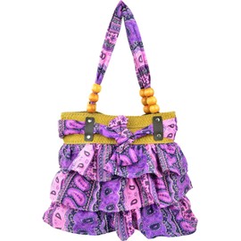 Eye Catch - Antigua Ruffled Beaded Print Shoulder Bag Handbag Pink