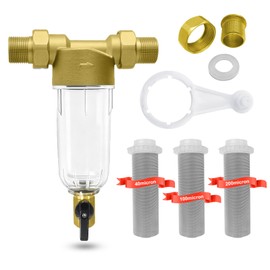 Heliwoo Spin Down Sediment Filter, Inline Water Filter for Home Well Water, 40/100/200 Micron Whole House Prefilter Filtration System, 1" MNPT + 3/4" FNPT + 3/4"MNPT, Lead-Free Brass