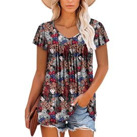 Womens Ruffle Short Sleeve Tunic Tops V Neck Loose Fit Flowy Willow Flower Summer Tops XXL