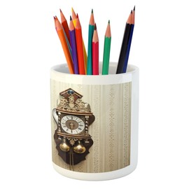 Ambesonne Clock Pencil Pen Holder, antique Style Wood Carving Clock with RomNumerals Hanging on the Wall Design, Printed Ceramic Pencil Pen Holder for Desk Office Accessory, Brown and Tan