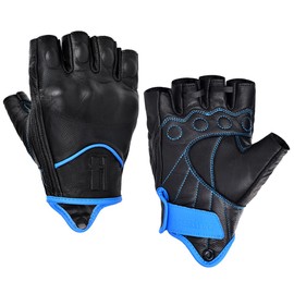 Harssidanzar Fingerless Motorcycle Gloves for Mens Leather Riding Driving Half Finger Gloves GM037, Black/Blue, Size Medium